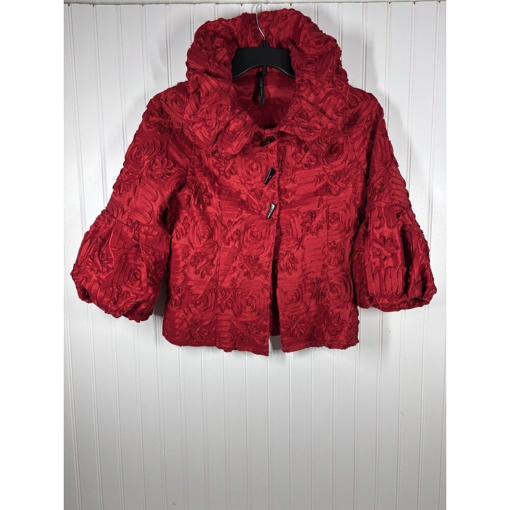 IC by Connie K USA Small Jacket Lime Red Ribbon Embroidery Balloon Sleeves